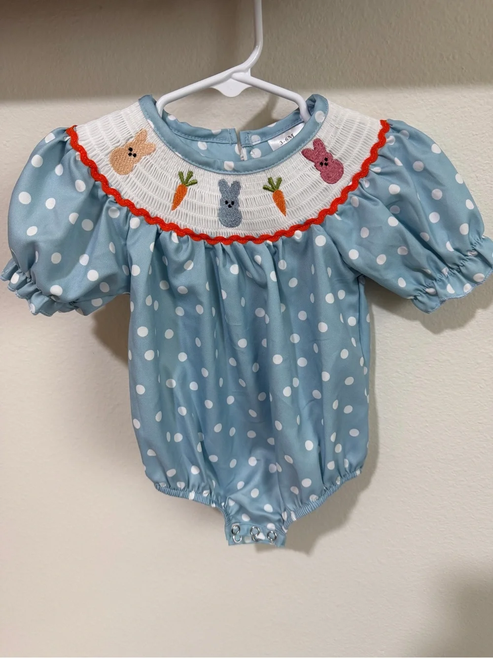 Easter Bunny Baby Girl Blue and White Smocked Onesie/ Romper
